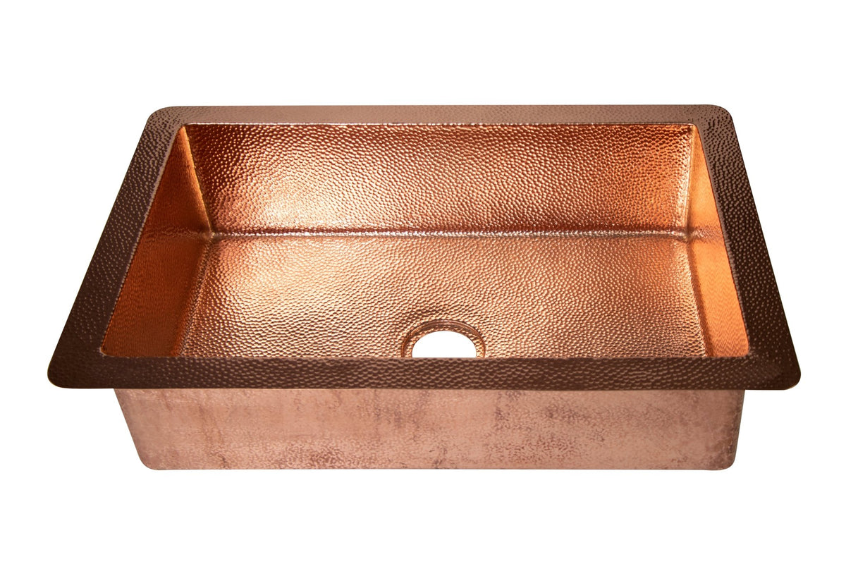 33" Drop-in Single Well Plain Hammered Copper Kitchen Sink - Veranda & Vessel Home Living