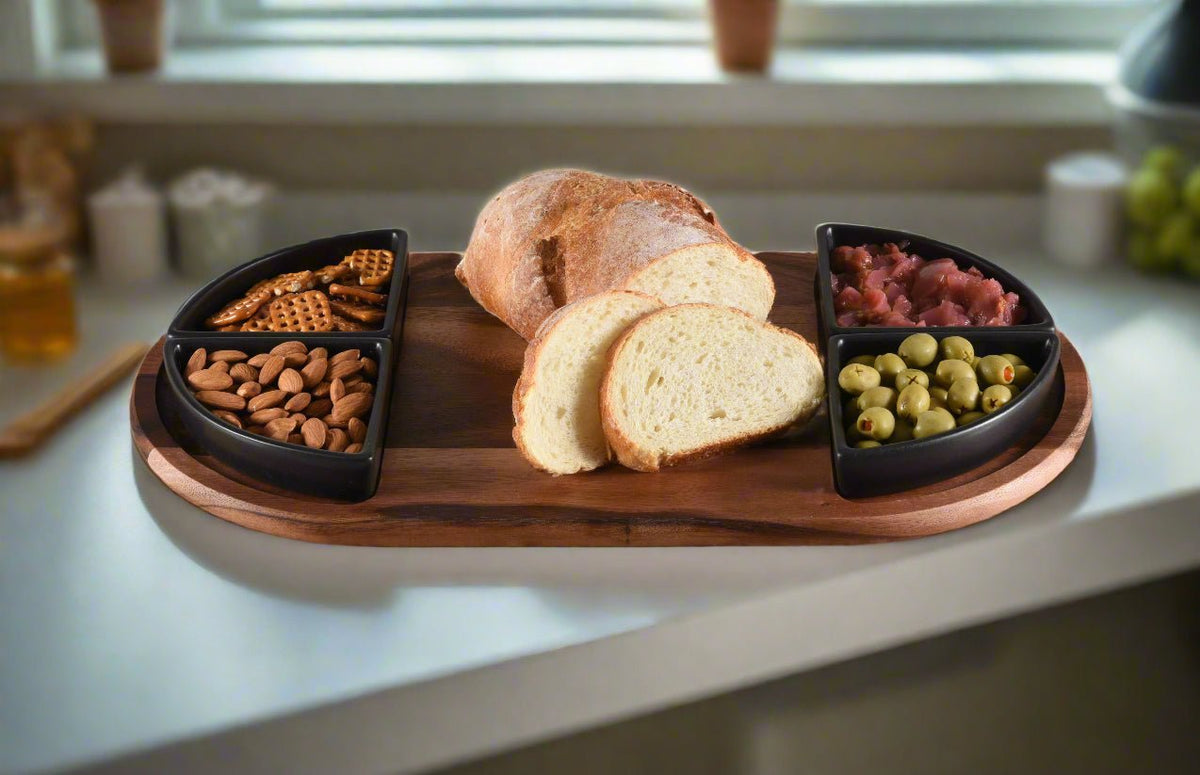 Charcuterie / Serving Tray w/ 4 Triangular Ceramic Bowls - Veranda & Vessel Home Living
