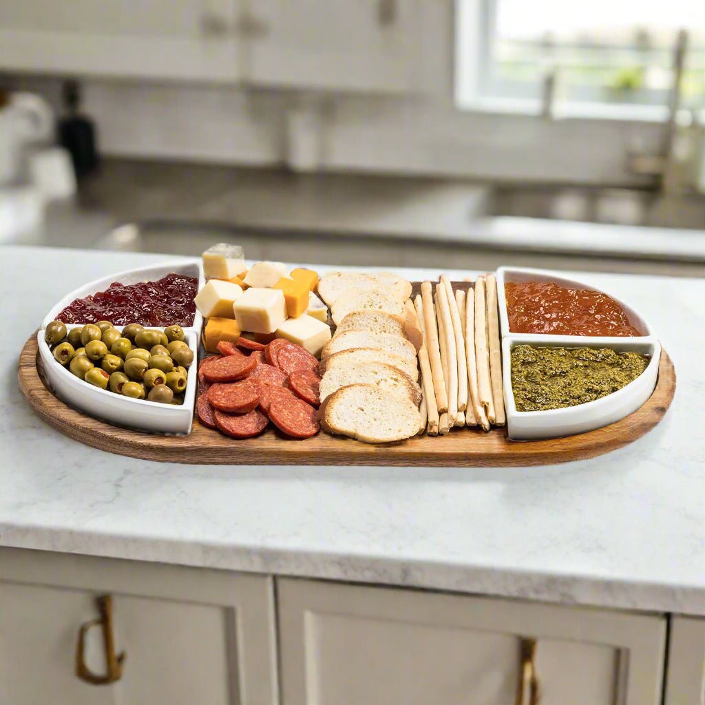 Charcuterie / Serving Tray w/ 4 Triangular Ceramic Bowls - Veranda & Vessel Home Living