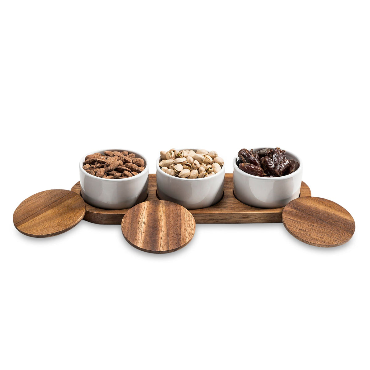 Condiment Serving Set 3 Ceramic Bowls with Lids 13" x 3.75" - Veranda & Vessel Home Living
