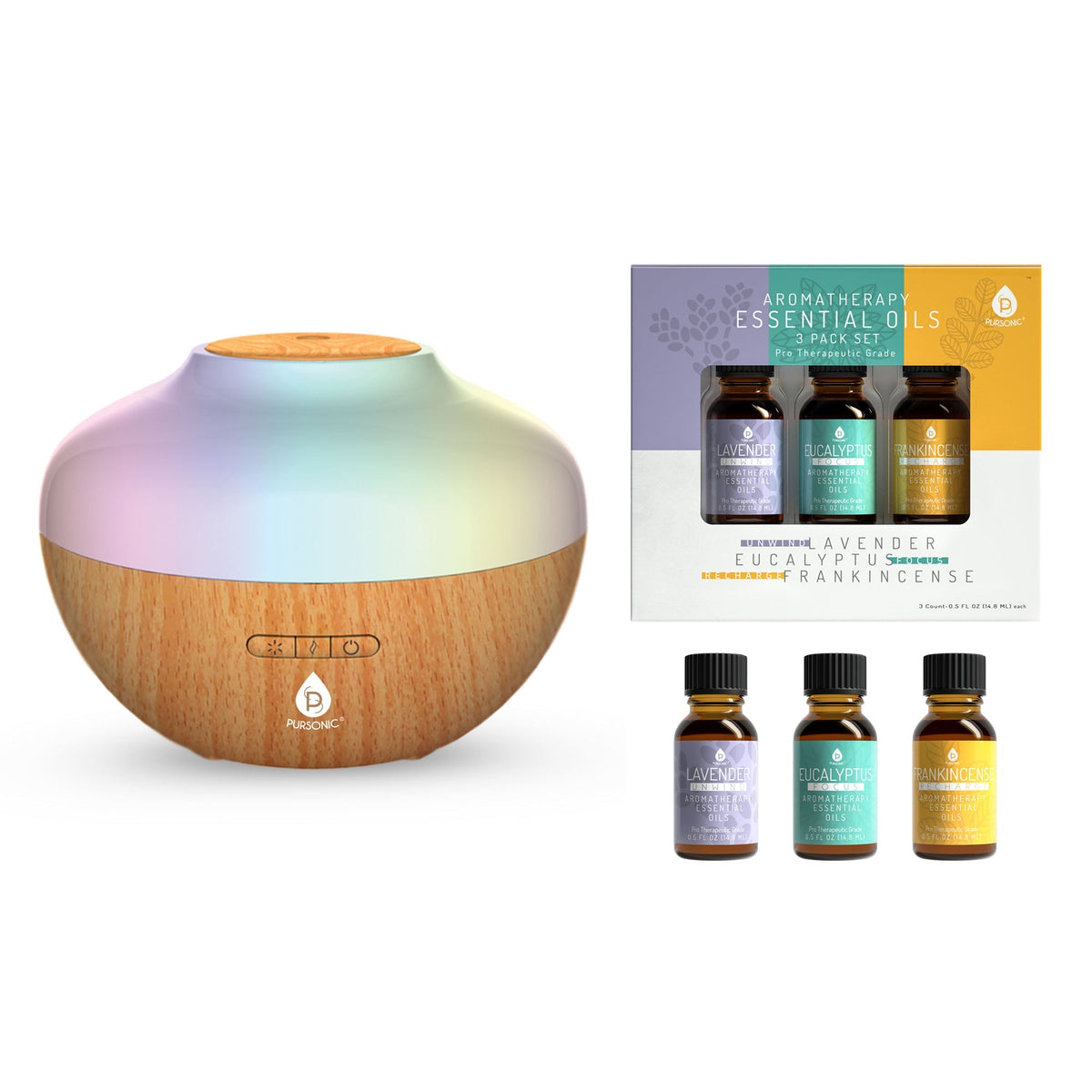 Pursonic Aromatherapy Diffuser & Essential Oil Set-Ultrasonic Top 3 Oils-300ml with 2 Mist Settings 7 Ambient Light Settings - Veranda & Vessel Home Living