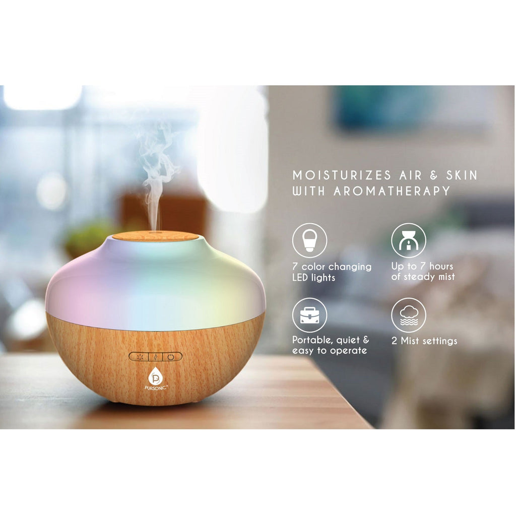 Pursonic Aromatherapy Diffuser & Essential Oil Set-Ultrasonic Top 3 Oils-300ml with 2 Mist Settings 7 Ambient Light Settings - Veranda & Vessel Home Living